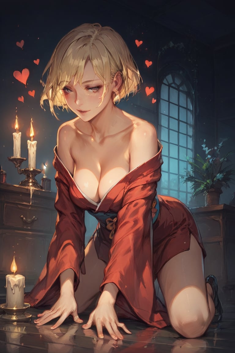ASCIIscore_9, score_8_up, score_7_up, 1 girl, blonde hair, short hair, seducing viewer, hearts, female focus, red kimono, all fours, suggestive pose, kneeling, living room, solo, hearts, candlelight, off shoulder, perfect female body    ,score_9