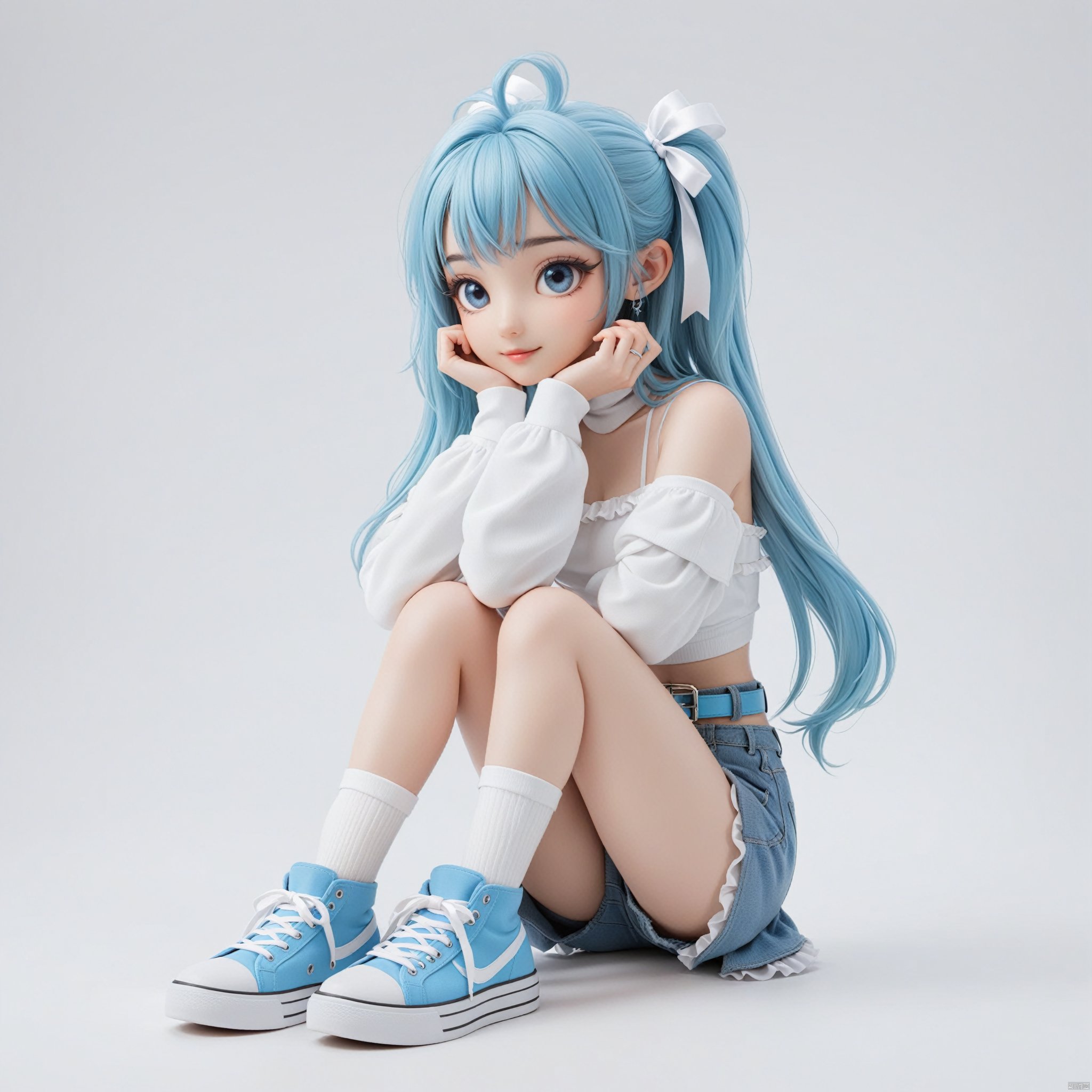  professional 3d model best quality, girl, solo, long hair, socks, twintails, very long hair, shorts, simple background, white background, sitting, jacket, shoes, sneakers, looking at viewer, shirt, holding, blue eyes, hair between eyes, belt, closed mouth, white shirt, fingernails, blue hair, hair ornament, ribbon, smile, aqua hair, full body, off shoulder,long sleeves, nail polish, turtleneck, crop top, open jacket, hair ribbon, eyelashes, alternate costume, bangs, aqua eyes, see-through, open clothes, midriff, white footwear, frills, sleeveless, bare shoulders, collarbone, sidelocks, from side, looking to the side, ahoge, sleeves past wrists . octane render, highly detailed, volumetric, dramatic lighting