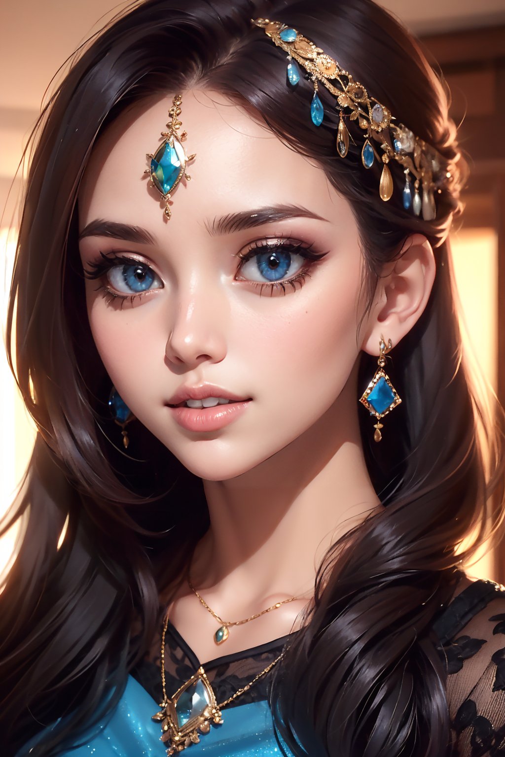 1girl,solo,long hair,looking at viewer,blue eyes,brown hair,black hair,hair ornament,jewelry,earrings,parted lips,teeth,necklace,blurry,lips,eyelashes,makeup,gem,portrait,realistic,na2