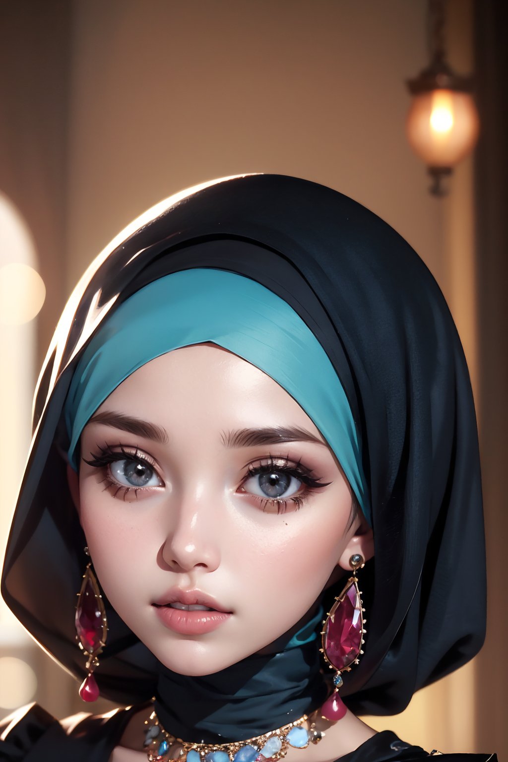 1girl,full body, solo,looking at viewer,jewelry,earrings,parted lips,teeth,necklace,blurry,lips,eyelashes,makeup,gem,portrait,realistic,hijab indonesia,na2