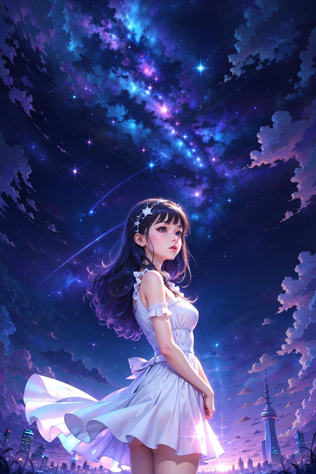 starryscene, masterpiece,best quality,1girl, white dress, city skyscraper <lora:Starrynight-000005:0.7>