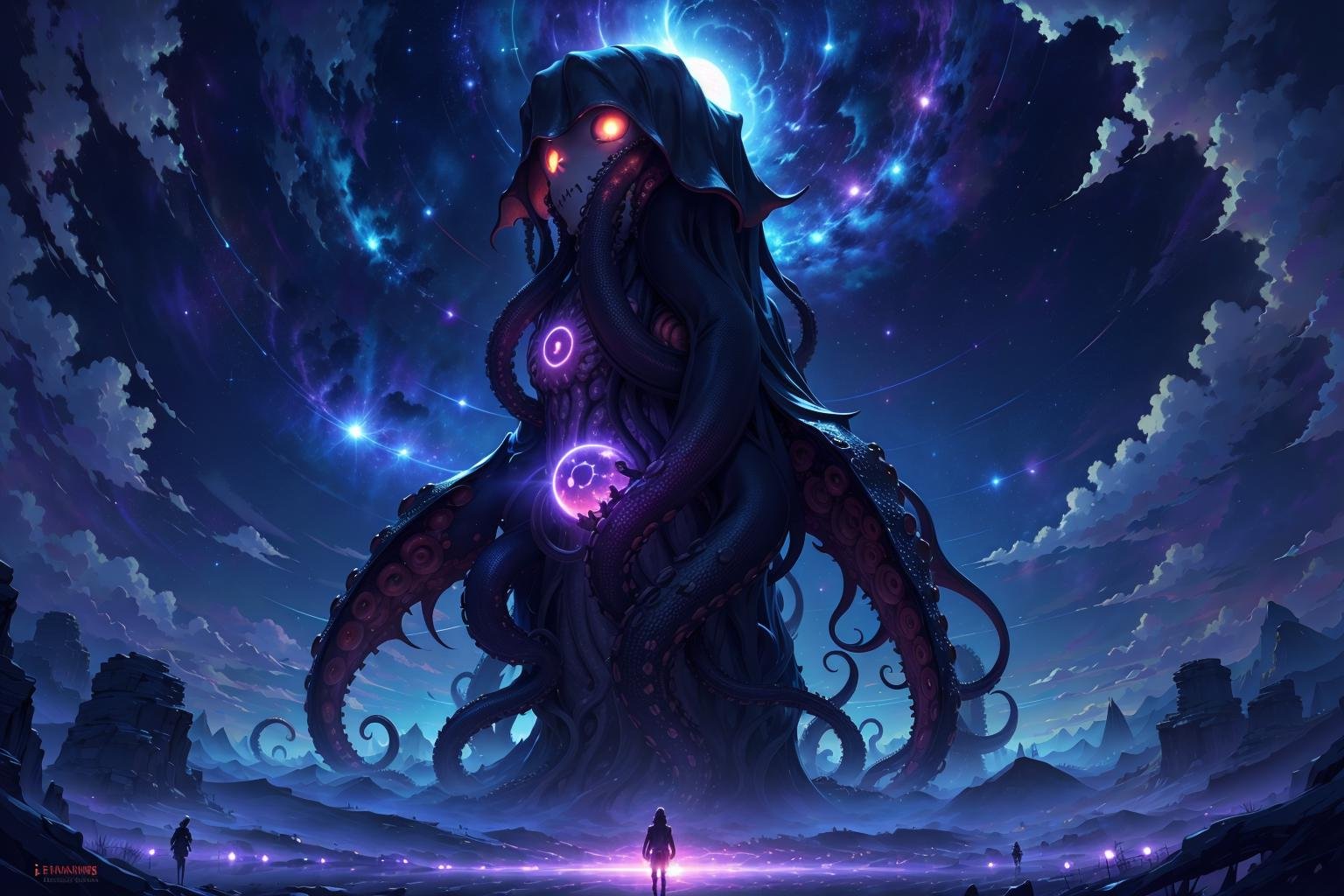 night, masterpiece,best quality,  a giant eerie monster with sprawling, (tentacles:1.2) ,  silhouette stark against the setting twin suns, waiting silently for unsuspecting prey. eerie, dark settings typical of gothic tales.  <lora:Starrynight-000005:0.7>