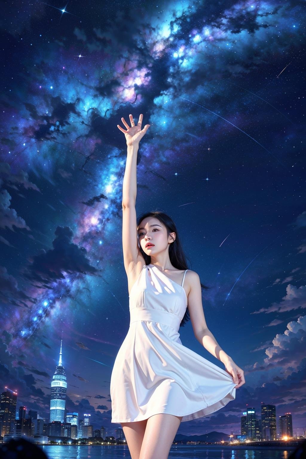 starryscene, masterpiece,best quality,1girl, white dress, city skyscraper <lora:Starrynight-000005:0.7>