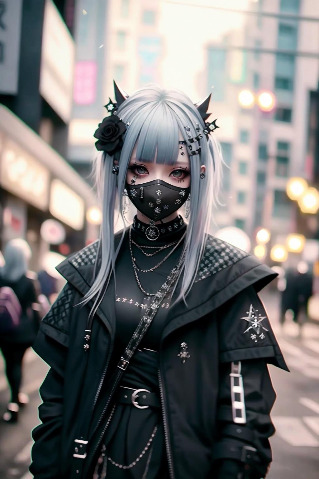 goth_punk, 1girl, solo, medium shot, walking in harajuku, ((night time)), bokeh, neon light, iridescent eyes, starry sky, white shimmer hair, white eyebrow, glowing hair, (iridescent white hair), earrings, bangs, jewelry, mask, blunt bangs, green eyes, mouth mask, blurry background, blurry, hair ornament, looking at viewer, short hair, portrait, sidelocks <lora:Gothpunk:1>