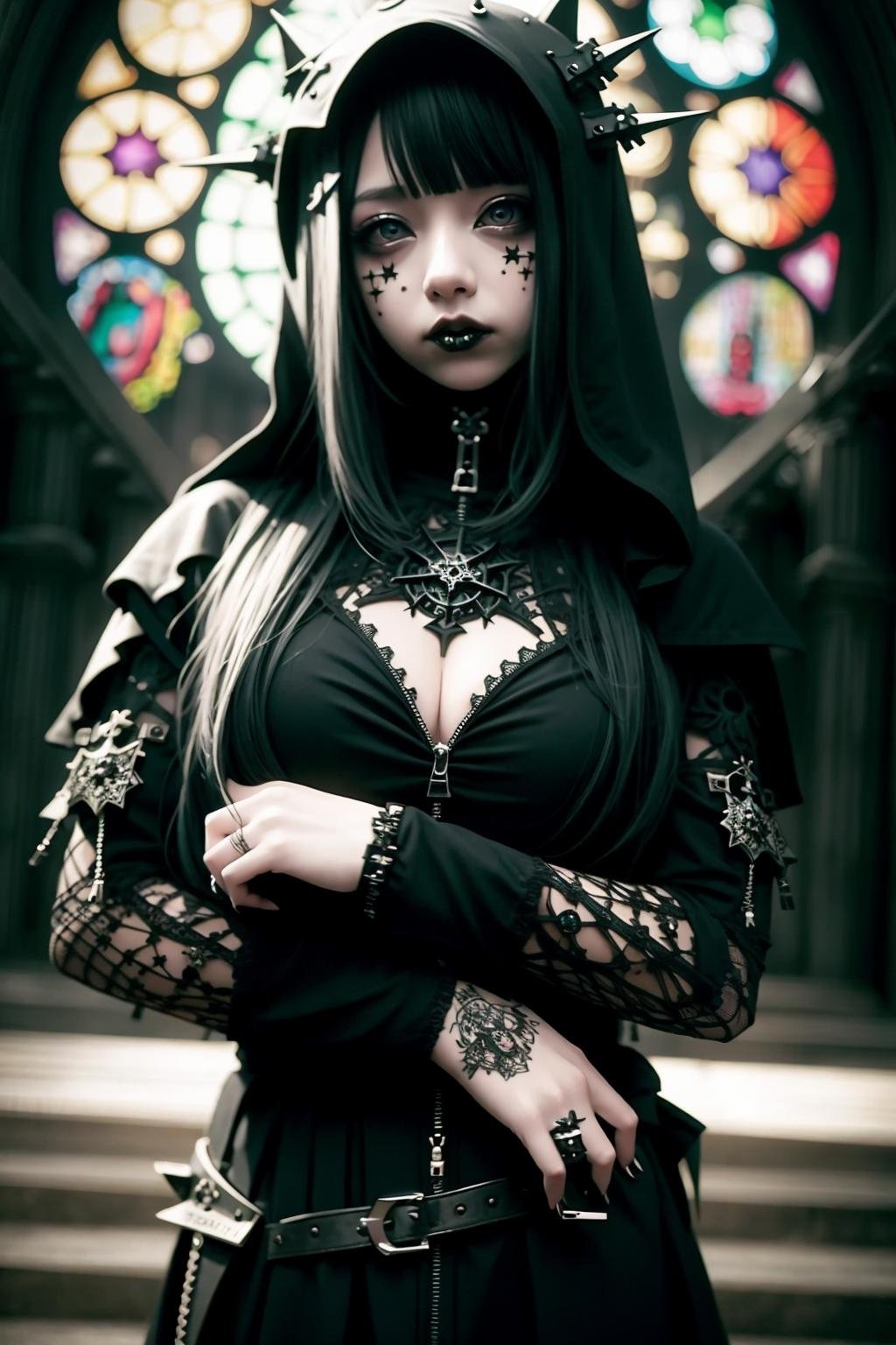 full body, goth_punk, 1girl, solo,  looking at viewer, In a gothic cathedral, a hooded figure conjured dark magic with intricate details, the detailed linework of the stained glass windows illuminating the moody scene   <lora:Gothpunk_V2-000002:0.8>   