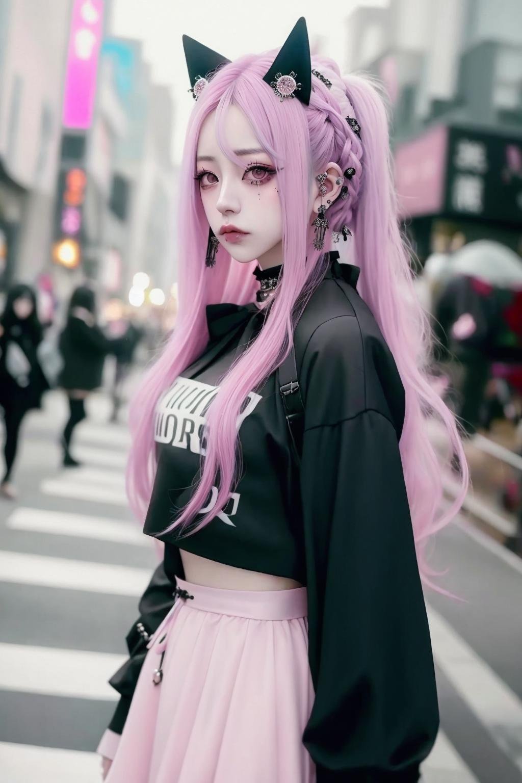 ulzzang-6500-v1.1, Goth_punk,  1girl, solo, long hair, blurry background, pink hair, pink skirt, <lora:Gothpunk:0.6>  