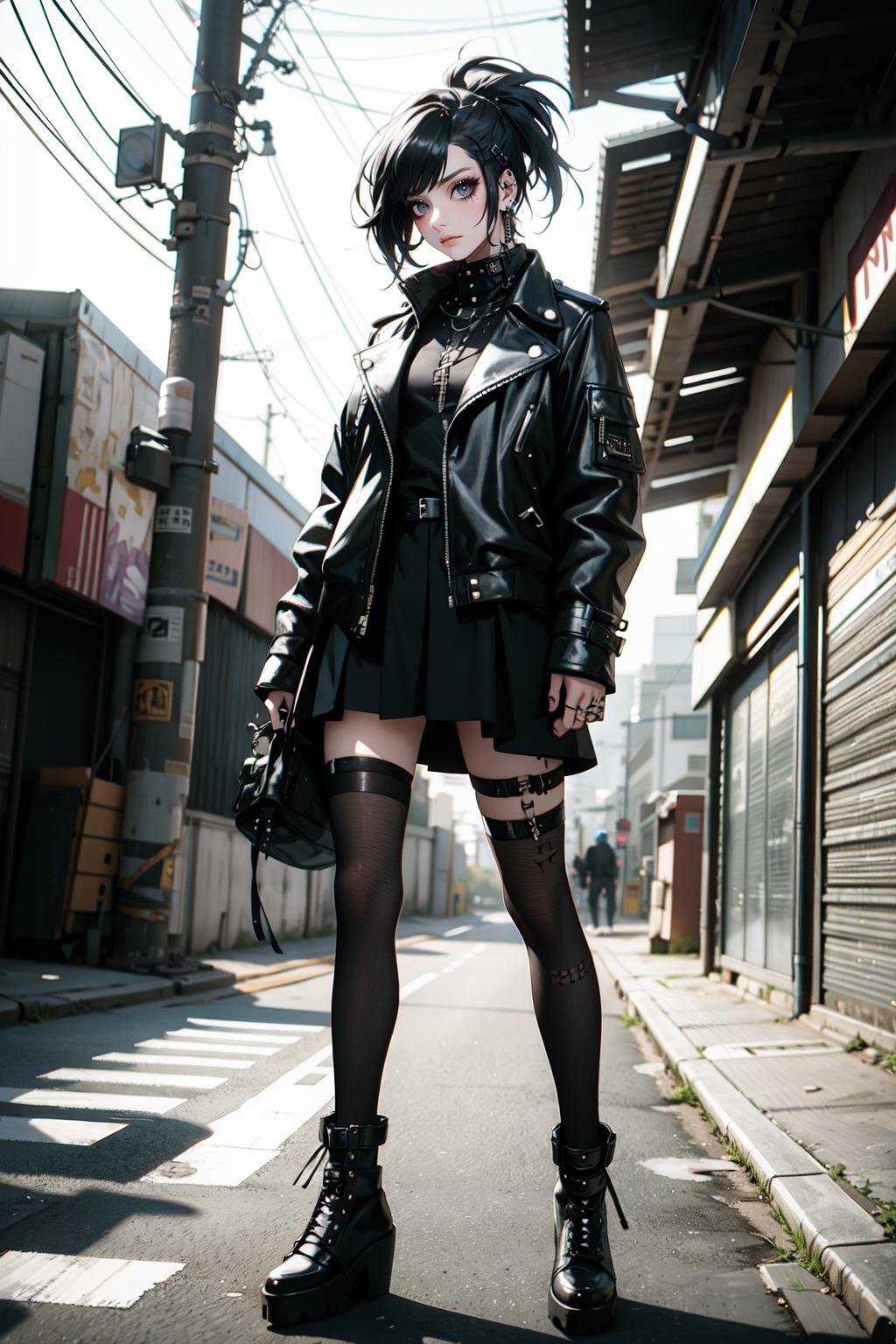 full body, looking at viewer, A goth punk girl in a rugged, industrial setting, wearing a studded leather jacket and tulle skirt, with dramatic makeup and punk hair, confidently posing among decayed machinery, captured with natural lighting and a balance of light and shadow. <lora:Gothpunkgirl-000009:0.7>