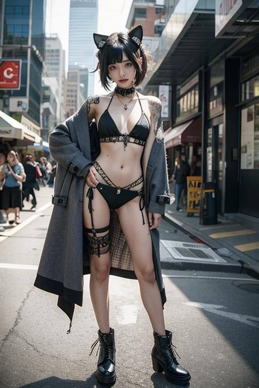 full body, looking at viewer, 1girl , bikini gothic punk, <lora:Gothpunkgirl-000009:0.7>