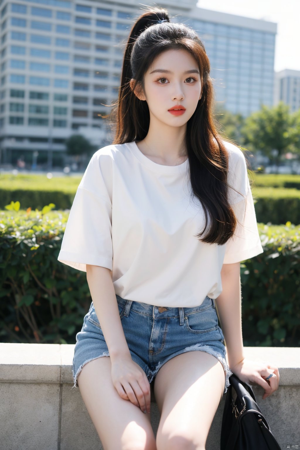  Best quality, masterpiece, super high resolution, 1 girl, looking at the audience, white loose T-shirt, Jean shorts, solo, long hair, brown hair, city background, light up the edge, ponytail, (/qingning/), mtianmei, babata, jiqing