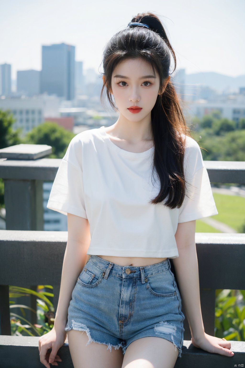  Best quality, masterpiece, super high resolution, 1 girl, looking at the audience, white loose T-shirt, Jean shorts, solo, long hair, brown hair, city background, light up the edge, ponytail, (/qingning/), mtianmei, babata, jiqing