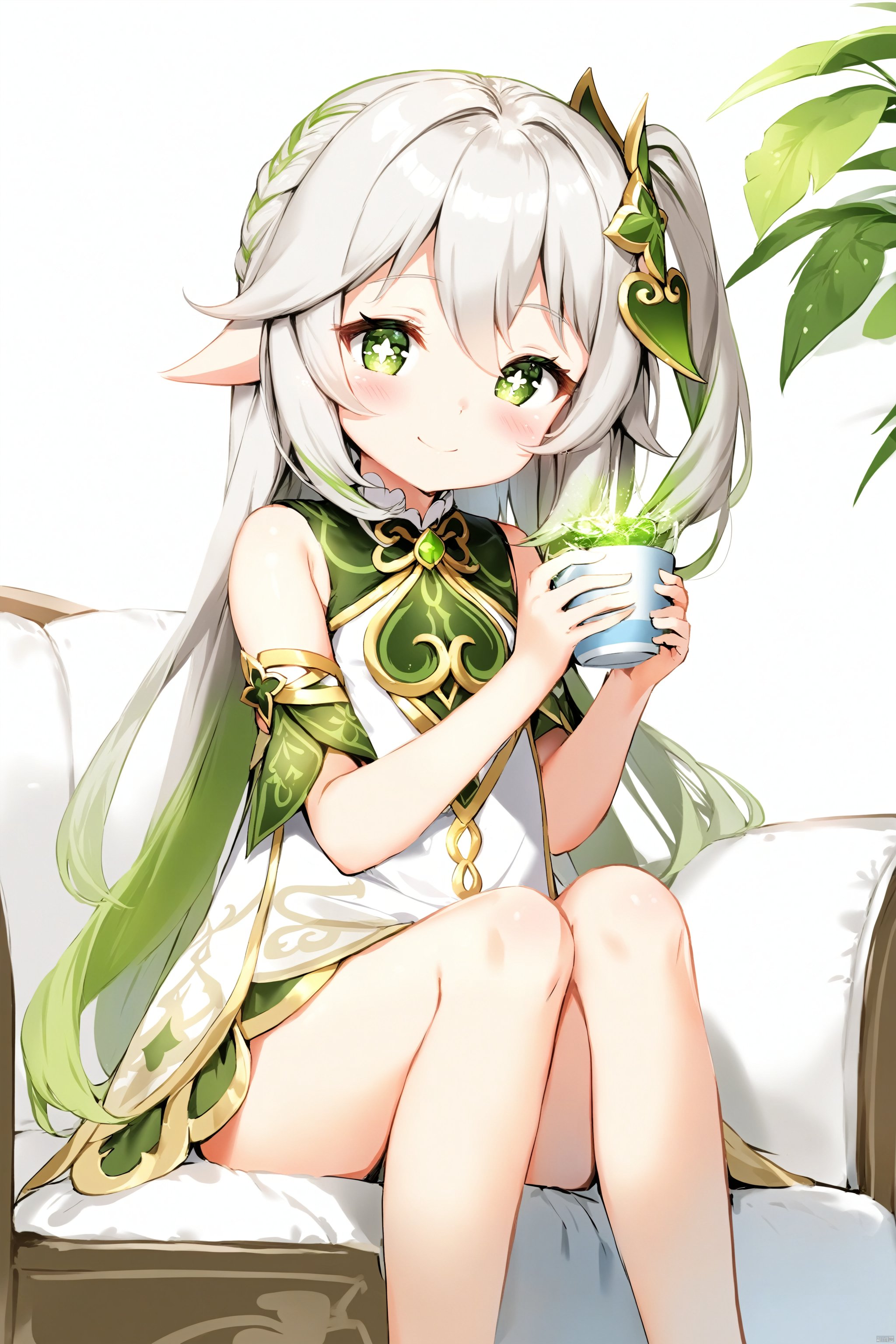  artist anmi2, (masterpiece),(best quality),(loli：1.2),(petite:1.2),1girl, solo,long hair, looking at viewer, blush, smile, bangs, symbol-shaped pupils, simple background, hair ornament, gloves, white background, dress, holding,hair between eyes, green eyes,cross-shaped pupils, white hair,green hair, gradient hair, nahida (genshin impact),living_room,sofa,sitting,