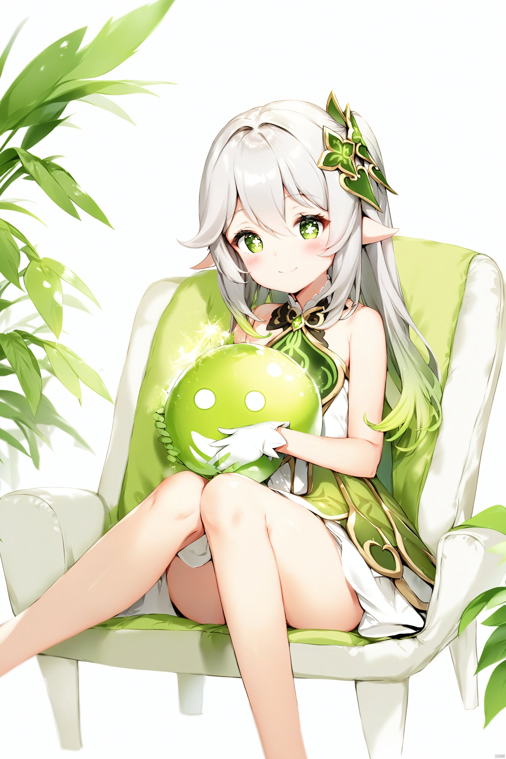  artist anmi2, (masterpiece),(best quality),(loli：1.2),(petite:1.2),1girl, solo,long hair, looking at viewer, blush, smile, bangs, symbol-shaped pupils, simple background, hair ornament, gloves, white background, dress, holding,hair between eyes, green eyes,cross-shaped pupils, white hair,green hair, gradient hair, nahida (genshin impact),living_room,sofa,sitting,