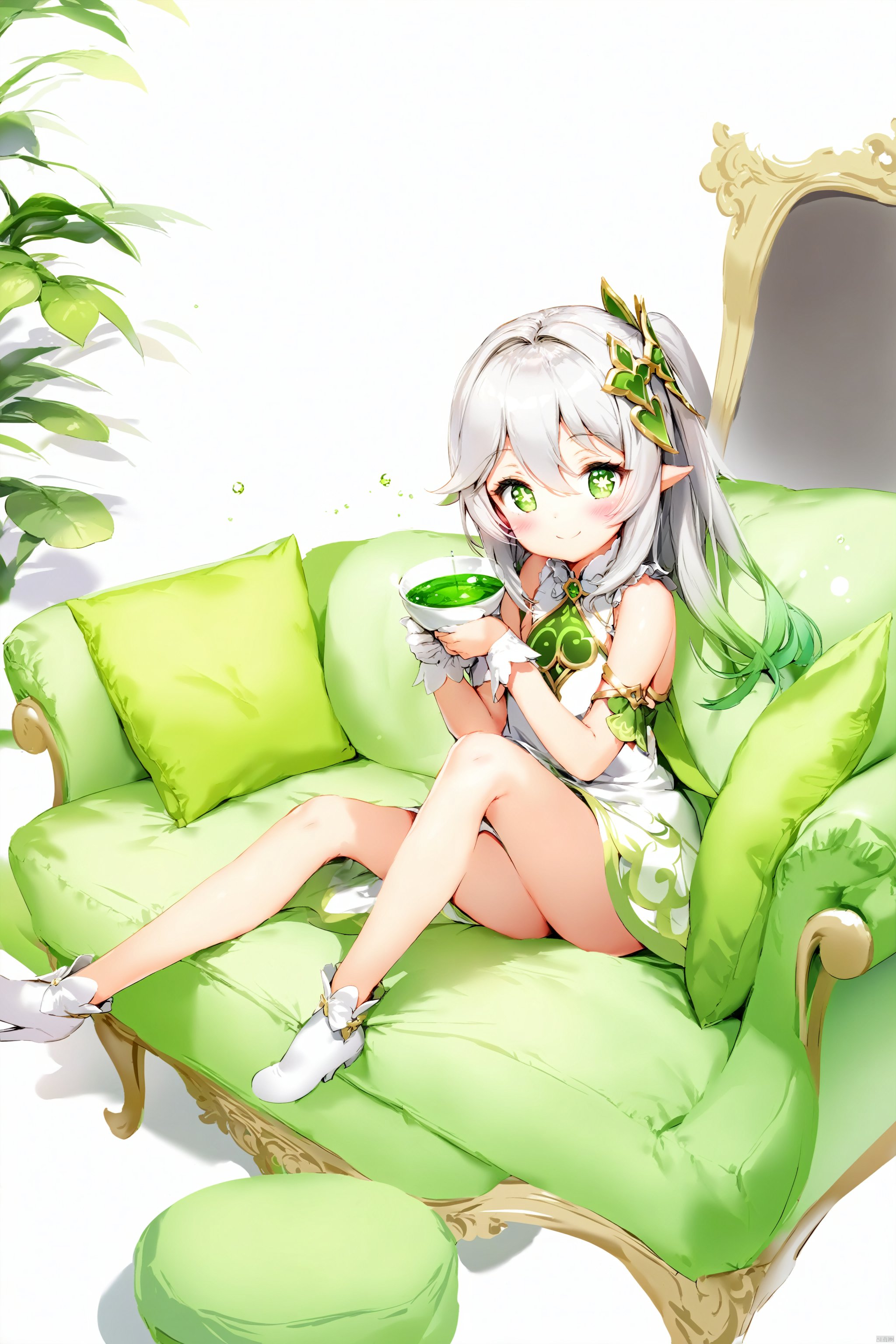  artist anmi2, (masterpiece),(best quality),(loli：1.2),(petite:1.2),1girl, solo,long hair, looking at viewer, blush, smile, bangs, symbol-shaped pupils, simple background, hair ornament, gloves, white background, dress, holding,hair between eyes, green eyes,cross-shaped pupils, white hair,green hair, gradient hair, nahida (genshin impact),living_room,sofa,sitting,