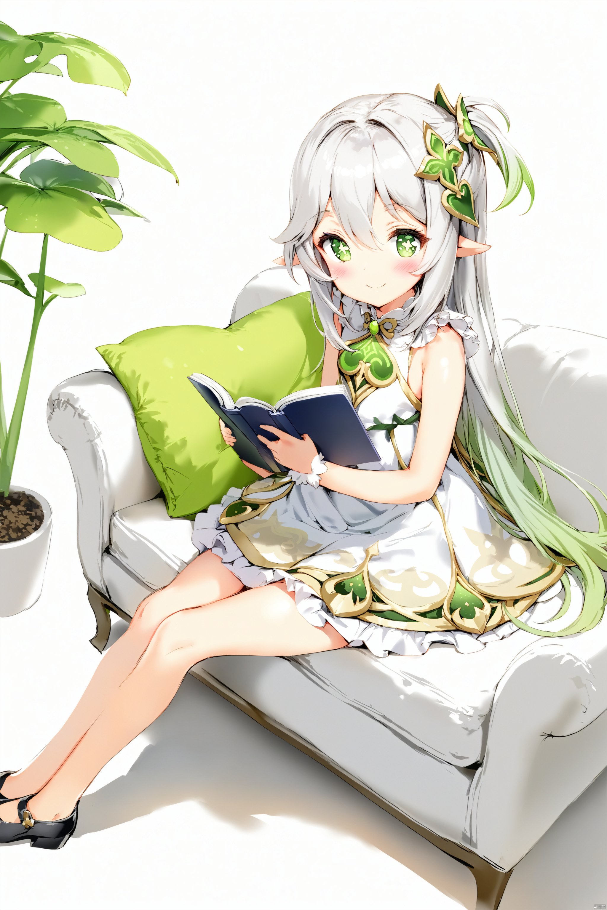  artist anmi2, (masterpiece),(best quality),(loli：1.2),(petite:1.2),1girl, solo,long hair, looking at viewer, blush, smile, bangs, symbol-shaped pupils, simple background, hair ornament, gloves, white background, dress, holding,hair between eyes, green eyes,cross-shaped pupils, white hair,green hair, gradient hair, nahida (genshin impact),living_room,sofa,sitting,