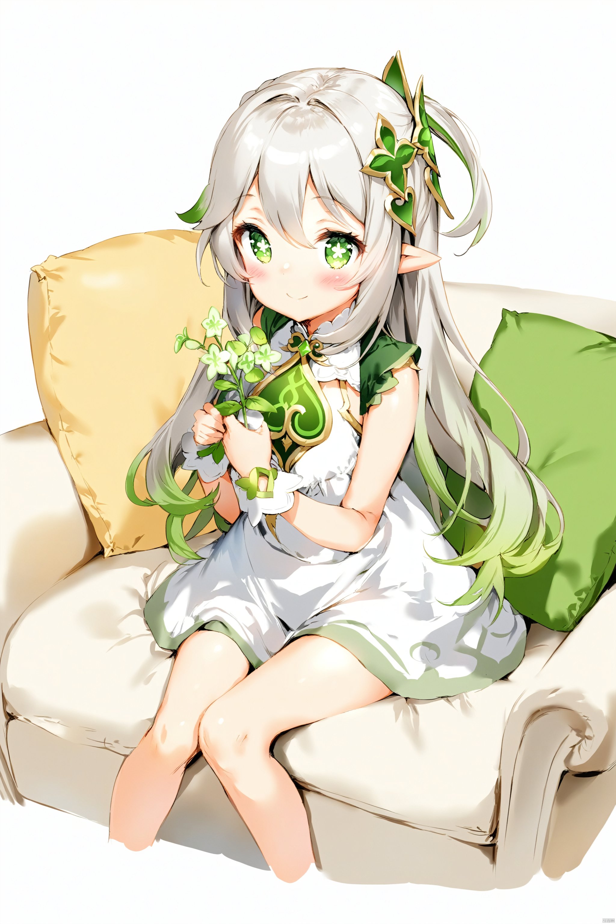  artist anmi2, (masterpiece),(best quality),(loli：1.2),(petite:1.2),1girl, solo,long hair, looking at viewer, blush, smile, bangs, symbol-shaped pupils, simple background, hair ornament, gloves, white background, dress, holding,hair between eyes, green eyes,cross-shaped pupils, white hair,green hair, gradient hair, nahida (genshin impact),living_room,sofa,sitting,