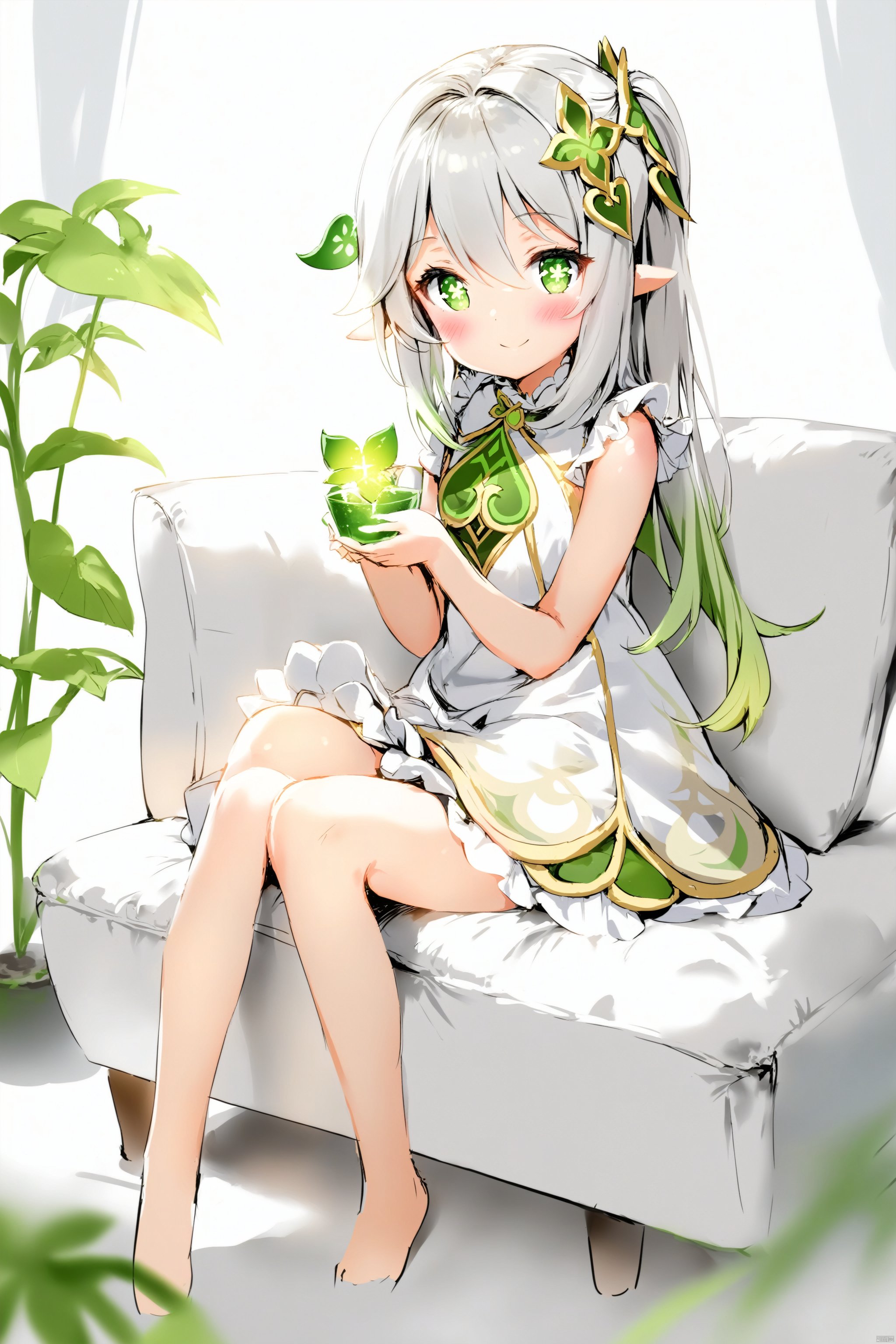  artist anmi2, (masterpiece),(best quality),(loli：1.2),(petite:1.2),1girl, solo,long hair, looking at viewer, blush, smile, bangs, symbol-shaped pupils, simple background, hair ornament, gloves, white background, dress, holding,hair between eyes, green eyes,cross-shaped pupils, white hair,green hair, gradient hair, nahida (genshin impact),living_room,sofa,sitting,