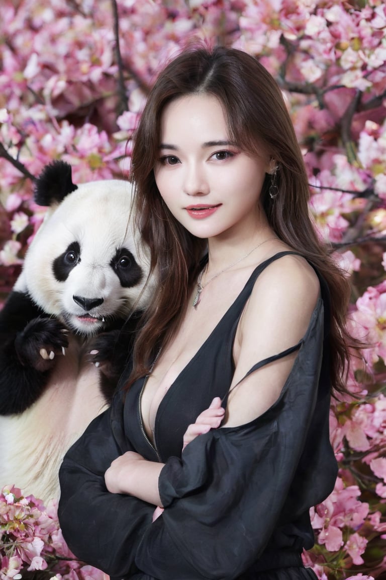 (best quality,masterpiece,highres,8K,raw image),ultra detailed, realistic detailed, hyper realistic, Generate hyper realistic image of a beautiful Chinese young woman cuddling a stuffed panda, flowy black hair, eye contact, kind smile, realistic detailed glowing floral outfits, expressive jewelry, bliss, joyful, well lit abstract art background,colorful,FlowerStyle,NYFlowerGirl,xxmixgirl,sexymaga16235082