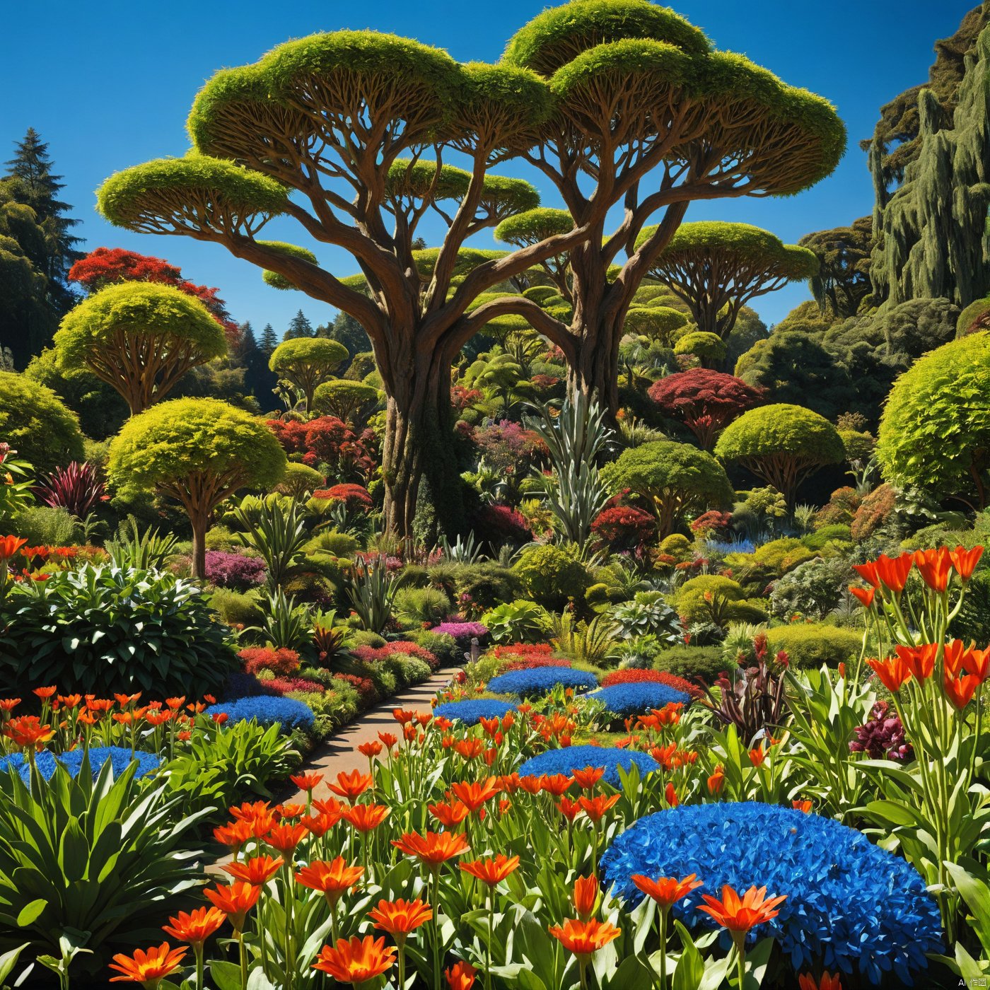 (wonderland:1),
(     botanical garden


:1),
﻿
﻿
Blue sky,
No clouds,
,
best quality, masterpiece, high res, absurd res,
perfect lighting, intricate details,