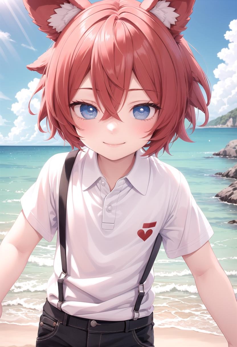 <lora:Aki SD15_epoch_17:0.6>, (1boy:1.3), solo, beach, smile, ( crimson animal ears:1.4), male face, male body, more details in eyes, (very short hair:1.2), hair between eyes, cute, adorable boy, cute face, detailed face, handsome, young, juvenile, white skin, eyeshadow, crew cut, crimson hair, details sky, looking at viewer, blush, blue eyes, full shot, red suspenders, (pants), (white polo shirt), aki,petite, (male focus:1.3),(male:1.2), (masterpiece:1.2), best quality, high resolution, unity 8k wallpaper, (illustration:0.8), (beautiful detailed eyes:1.6), extremely detailed face, perfect lighting, extremely detailed CG, (perfect anatomy),