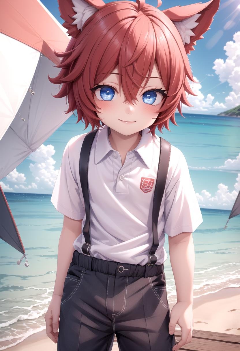 <lora:Aki SD15_epoch_17:0.6>, (1boy:1.3), solo, beach, smile, ( crimson animal ears:1.4), male face, male body, more details in eyes, (very short hair:1.2), hair between eyes, cute, adorable boy, cute face, detailed face, handsome, young, juvenile, white skin, eyeshadow, crew cut, crimson hair, details sky, looking at viewer, blush, blue eyes, full shot, red suspenders, (pants), (white polo shirt), aki,petite, (male focus:1.3),(male:1.2), (masterpiece:1.2), best quality, high resolution, unity 8k wallpaper, (illustration:0.8), (beautiful detailed eyes:1.6), extremely detailed face, perfect lighting, extremely detailed CG, (perfect anatomy),