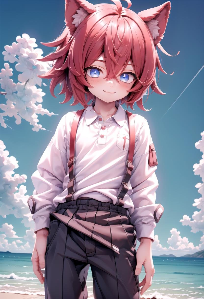 <lora:Aki SD15_epoch_17:0.6>, (1boy:1.3), solo, beach, smile, ( crimson animal ears:1.4), male face, male body, more details in eyes, (very short hair:1.2), hair between eyes, cute, adorable boy, cute face, detailed face, handsome, young, juvenile, white skin, eyeshadow, crew cut, crimson hair, details sky, looking at viewer, blush, blue eyes, full shot, red suspenders, (pants), (white polo shirt), aki,petite, (male focus:1.3),(male:1.2), (masterpiece:1.2), best quality, high resolution, unity 8k wallpaper, (illustration:0.8), (beautiful detailed eyes:1.6), extremely detailed face, perfect lighting, extremely detailed CG, (perfect anatomy),