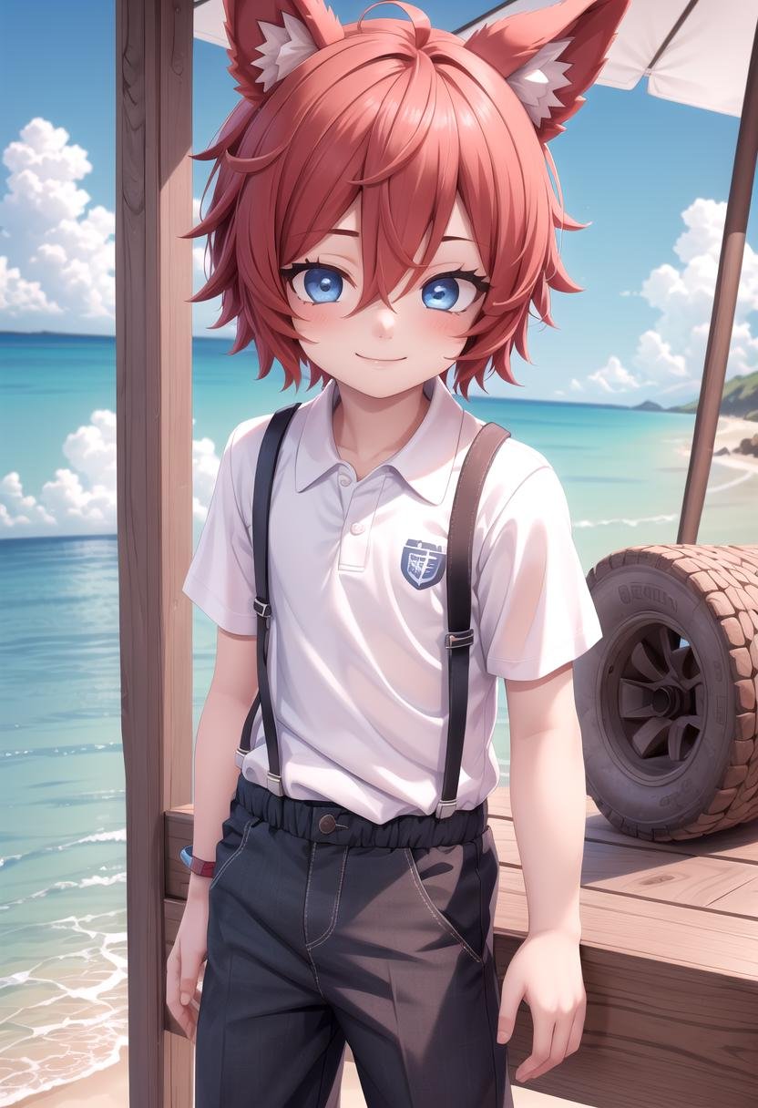 <lora:Aki SD15_epoch_17:0.6>, (1boy:1.3), solo, beach, smile, ( crimson animal ears:1.4), male face, male body, more details in eyes, (very short hair:1.2), hair between eyes, cute, adorable boy, cute face, detailed face, handsome, young, juvenile, white skin, eyeshadow, crew cut, crimson hair, details sky, looking at viewer, blush, blue eyes, full shot, red suspenders, (pants), (white polo shirt), aki,petite, (male focus:1.3),(male:1.2), (masterpiece:1.2), best quality, high resolution, unity 8k wallpaper, (illustration:0.8), (beautiful detailed eyes:1.6), extremely detailed face, perfect lighting, extremely detailed CG, (perfect anatomy),