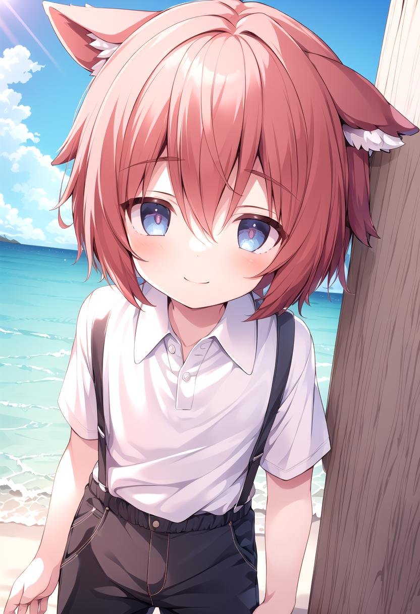 <lora:Aki SD15_epoch_17:0.6>, (1boy:1.4), (solo:1.2), beach, smile, ( crimson animal ears:1.4), male face, male body, more details in eyes, (very short hair:1.2), hair between eyes, cute, adorable boy, cute face, detailed face, handsome, young, juvenile, white skin, eyeshadow, crew cut, crimson hair, details sky, looking at viewer, blush, blue eyes, full shot, red suspenders, (pants), (white polo shirt), aki,petite, (male focus:1.3),(male:1.4), (masterpiece:1.2), best quality, high resolution, unity 8k wallpaper, (illustration:0.8), (beautiful detailed eyes:1.6), extremely detailed face, perfect lighting, extremely detailed CG, (perfect anatomy),