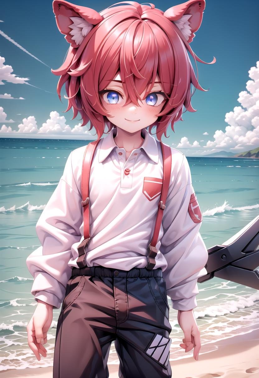 <lora:Aki SD15_epoch_17:0.6>, (1boy:1.3), solo, beach, smile, ( crimson animal ears:1.4), male face, male body, more details in eyes, (very short hair:1.2), hair between eyes, cute, adorable boy, cute face, detailed face, handsome, young, juvenile, white skin, eyeshadow, crew cut, crimson hair, details sky, looking at viewer, blush, blue eyes, full shot, red suspenders, (pants), (white polo shirt), aki,petite, (male focus:1.3),(male:1.2), (masterpiece:1.2), best quality, high resolution, unity 8k wallpaper, (illustration:0.8), (beautiful detailed eyes:1.6), extremely detailed face, perfect lighting, extremely detailed CG, (perfect anatomy),