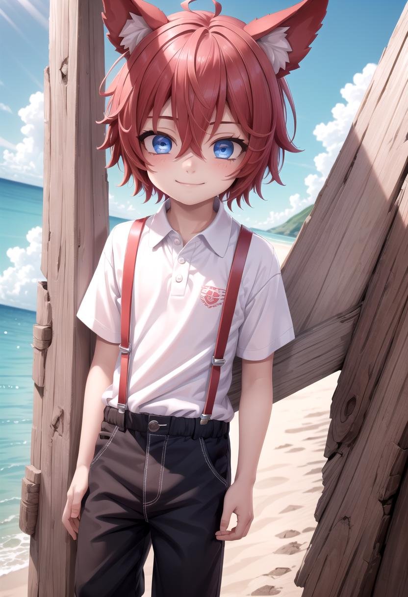 <lora:Aki SD15_epoch_17:0.6>, (1boy:1.3), solo, beach, smile, ( crimson animal ears:1.4), male face, male body, more details in eyes, (very short hair:1.2), hair between eyes, cute, adorable boy, cute face, detailed face, handsome, young, juvenile, white skin, eyeshadow, crew cut, crimson hair, details sky, looking at viewer, blush, blue eyes, full shot, red suspenders, (pants), (white polo shirt), aki,petite, (male focus:1.3),(male:1.2), (masterpiece:1.2), best quality, high resolution, unity 8k wallpaper, (illustration:0.8), (beautiful detailed eyes:1.6), extremely detailed face, perfect lighting, extremely detailed CG, (perfect anatomy),