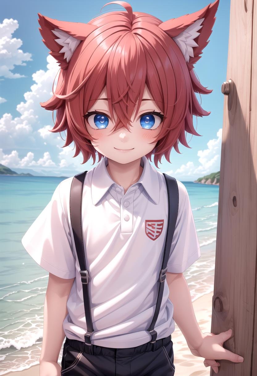 <lora:Aki SD15_epoch_17:0.6>, (1boy:1.3), solo, beach, smile, ( crimson animal ears:1.4), male face, male body, more details in eyes, (very short hair:1.2), hair between eyes, cute, adorable boy, cute face, detailed face, handsome, young, juvenile, white skin, eyeshadow, crew cut, crimson hair, details sky, looking at viewer, blush, blue eyes, full shot, red suspenders, (pants), (white polo shirt), aki,petite, (male focus:1.3),(male:1.2), (masterpiece:1.2), best quality, high resolution, unity 8k wallpaper, (illustration:0.8), (beautiful detailed eyes:1.6), extremely detailed face, perfect lighting, extremely detailed CG, (perfect anatomy),