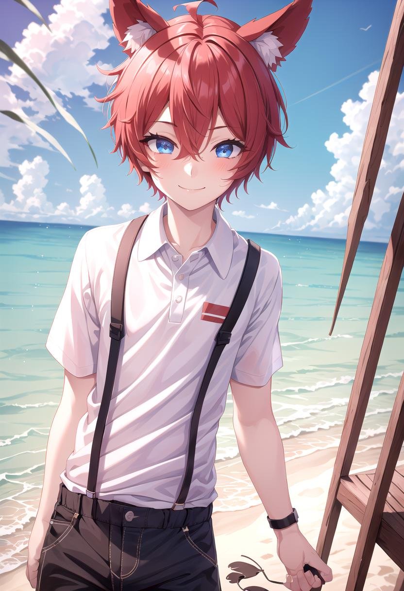 <lora:Aki SD15_epoch_17:0.6>, (1boy:1.3), (solo:1.2), beach, smile, ( crimson animal ears:1.4), male face, male body, more details in eyes, (very short hair:1.2), hair between eyes, cute, adorable boy, cute face, detailed face, handsome, young, juvenile, white skin, eyeshadow, crew cut, crimson hair, details sky, looking at viewer, blush, blue eyes, full shot, red suspenders, (pants), (white polo shirt), aki,petite, (male focus:1.3),(male:1.2), (masterpiece:1.2), best quality, high resolution, unity 8k wallpaper, (illustration:0.8), (beautiful detailed eyes:1.6), extremely detailed face, perfect lighting, extremely detailed CG, (perfect anatomy),