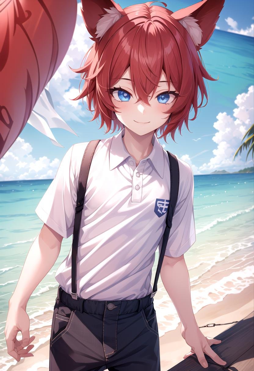 <lora:Aki SD15_epoch_17:0.6>, (1boy:1.3), (solo:1.2), beach, smile, ( crimson animal ears:1.4), male face, male body, more details in eyes, (very short hair:1.2), hair between eyes, cute, adorable boy, cute face, detailed face, handsome, young, juvenile, white skin, eyeshadow, crew cut, crimson hair, details sky, looking at viewer, blush, blue eyes, full shot, red suspenders, (pants), (white polo shirt), aki,petite, (male focus:1.3),(male:1.2), (masterpiece:1.2), best quality, high resolution, unity 8k wallpaper, (illustration:0.8), (beautiful detailed eyes:1.6), extremely detailed face, perfect lighting, extremely detailed CG, (perfect anatomy),