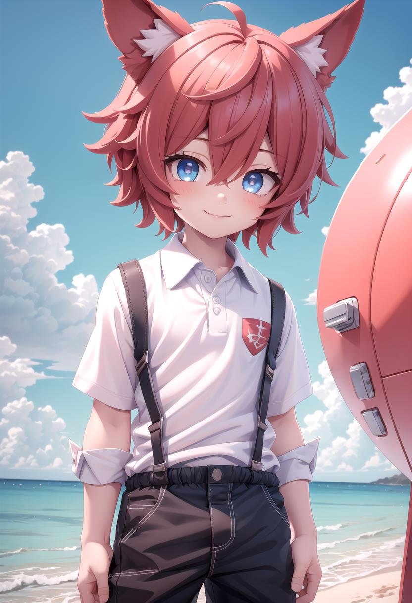 <lora:Aki SD15_epoch_17:0.6>, (1boy:1.3), solo, beach, smile, ( crimson animal ears:1.4), male face, male body, more details in eyes, (very short hair:1.2), hair between eyes, cute, adorable boy, cute face, detailed face, handsome, young, juvenile, white skin, eyeshadow, crew cut, crimson hair, details sky, looking at viewer, blush, blue eyes, full shot, red suspenders, (pants), (white polo shirt), aki,petite, (male focus:1.3),(male:1.2), (masterpiece:1.2), best quality, high resolution, unity 8k wallpaper, (illustration:0.8), (beautiful detailed eyes:1.6), extremely detailed face, perfect lighting, extremely detailed CG, (perfect anatomy),