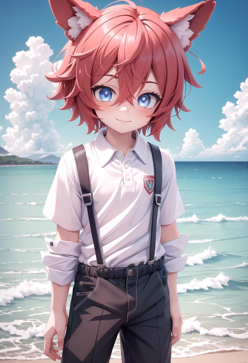 <lora:Aki SD15_epoch_17:0.6>, (1boy:1.3), solo, beach, smile, ( crimson animal ears:1.4), male face, male body, more details in eyes, (very short hair:1.2), hair between eyes, cute, adorable boy, cute face, detailed face, handsome, young, juvenile, white skin, eyeshadow, crew cut, crimson hair, details sky, looking at viewer, blush, blue eyes, full shot, red suspenders, (pants), (white polo shirt), aki,petite, (male focus:1.3),(male:1.2), (masterpiece:1.2), best quality, high resolution, unity 8k wallpaper, (illustration:0.8), (beautiful detailed eyes:1.6), extremely detailed face, perfect lighting, extremely detailed CG, (perfect anatomy),