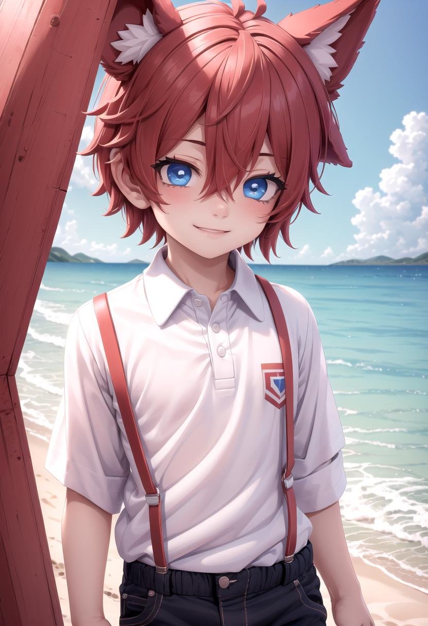 <lora:Aki SD15_epoch_17:0.6>, (1boy:1.3), solo, beach, smile, ( crimson animal ears:1.4), (red ears), male face, male body, more details in eyes, (very short hair:1.2), hair between eyes, cute, adorable boy, cute face, detailed face, handsome, young, juvenile, white skin, eyeshadow, crew cut, crimson hair, details sky, looking at viewer, blush, blue eyes, full shot, red suspenders, (pants), (white polo shirt), aki,petite, (male focus:1.3),(male:1.2),(masterpiece:1.2), best quality, high resolution, unity 8k wallpaper, (illustration:0.8), (beautiful detailed eyes:1.6), extremely detailed face, perfect lighting, extremely detailed CG, (perfect anatomy),