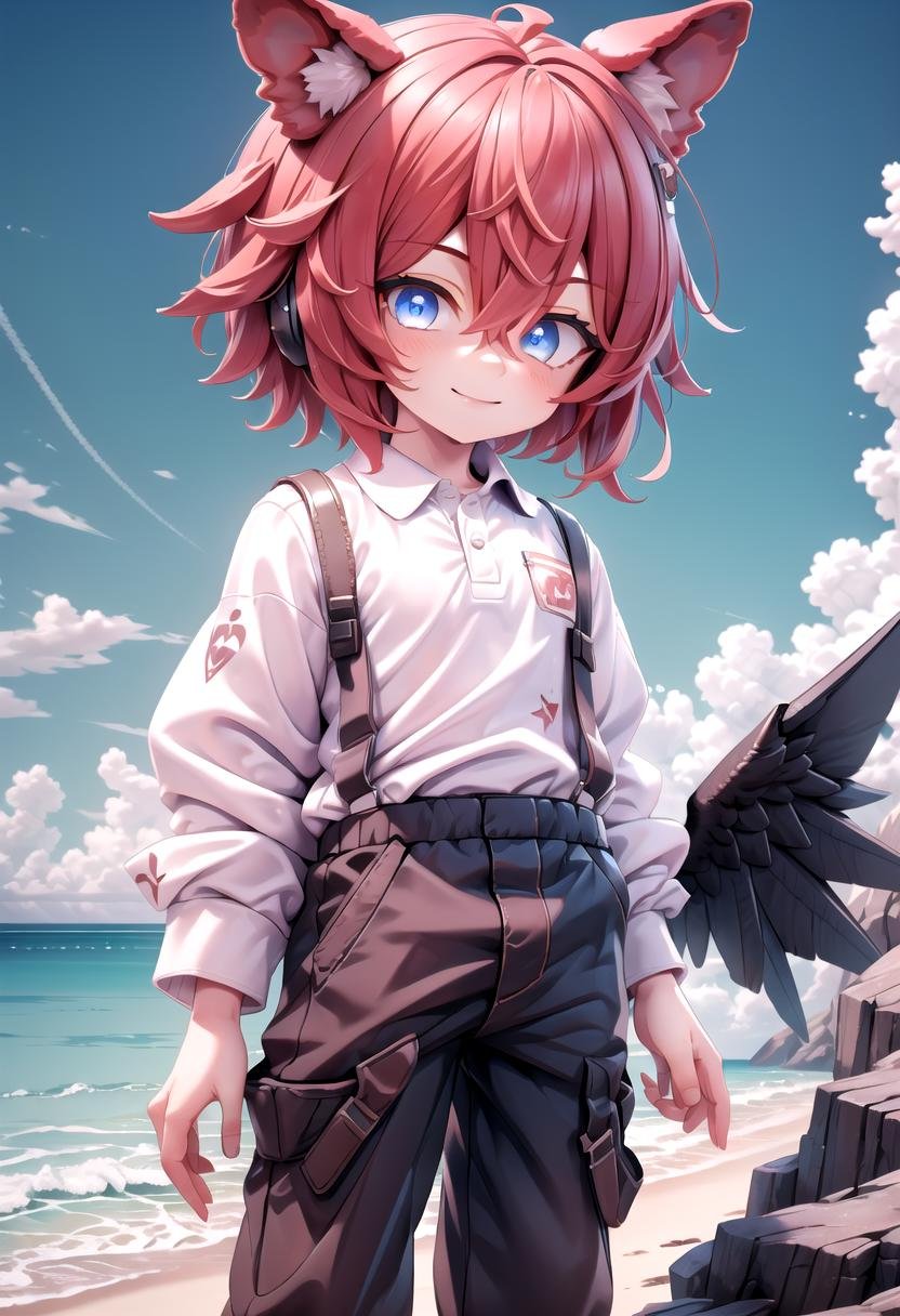 <lora:Aki SD15_epoch_17:0.6>, (1boy:1.3), solo, beach, smile, ( crimson animal ears:1.4), male face, male body, more details in eyes, (very short hair:1.2), hair between eyes, cute, adorable boy, cute face, detailed face, handsome, young, juvenile, white skin, eyeshadow, crew cut, crimson hair, details sky, looking at viewer, blush, blue eyes, full shot, red suspenders, (pants), (white polo shirt), aki,petite, (male focus:1.3),(male:1.2), (masterpiece:1.2), best quality, high resolution, unity 8k wallpaper, (illustration:0.8), (beautiful detailed eyes:1.6), extremely detailed face, perfect lighting, extremely detailed CG, (perfect anatomy),