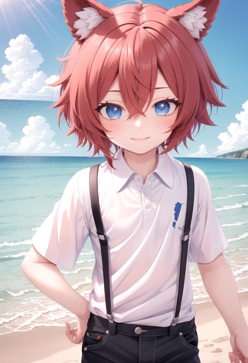 <lora:Aki SD15_epoch_17:0.6>, (1boy:1.3), solo, beach, smile, ( crimson animal ears:1.4), male face, male body, more details in eyes, (very short hair:1.2), hair between eyes, cute, adorable boy, cute face, detailed face, handsome, young, juvenile, white skin, eyeshadow, crew cut, crimson hair, details sky, looking at viewer, blush, blue eyes, full shot, red suspenders, (pants), (white polo shirt), aki,petite, (male focus:1.3),(male:1.2), (masterpiece:1.2), best quality, high resolution, unity 8k wallpaper, (illustration:0.8), (beautiful detailed eyes:1.6), extremely detailed face, perfect lighting, extremely detailed CG, (perfect anatomy),