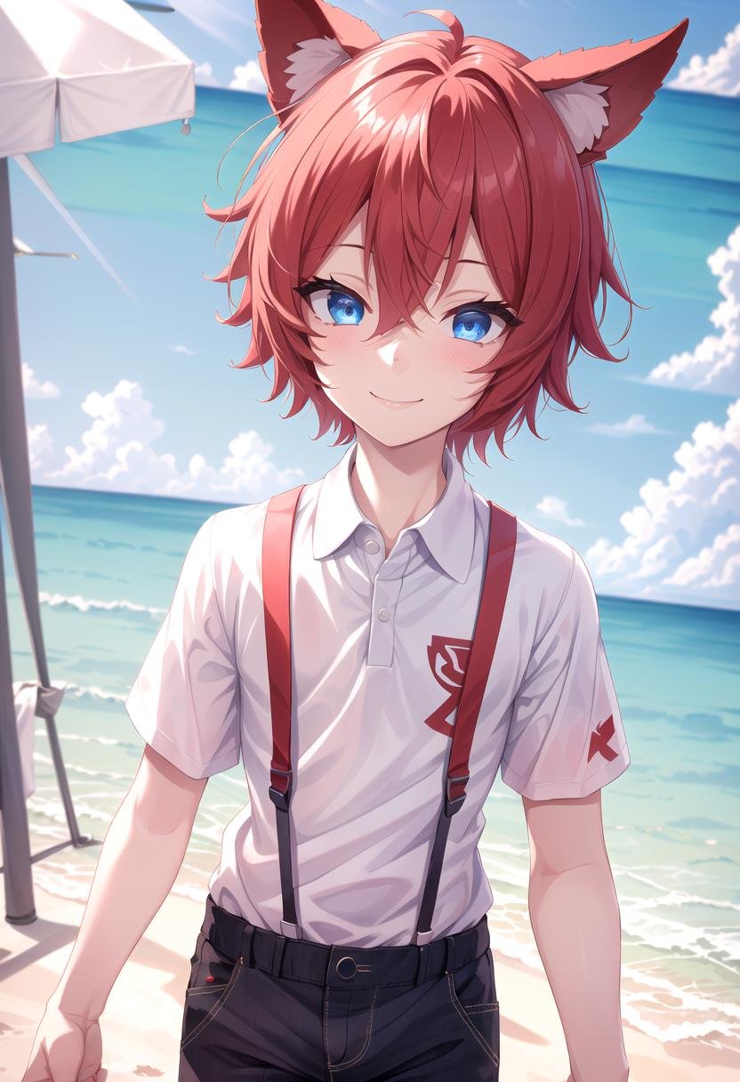 <lora:Aki SD15_epoch_17:0.6>, (1boy:1.3), (solo:1.2), beach, smile, ( crimson animal ears:1.4), male face, male body, more details in eyes, (very short hair:1.2), hair between eyes, cute, adorable boy, cute face, detailed face, handsome, young, juvenile, white skin, eyeshadow, crew cut, crimson hair, details sky, looking at viewer, blush, blue eyes, full shot, red suspenders, (pants), (white polo shirt), aki,petite, (male focus:1.3),(male:1.2), (masterpiece:1.2), best quality, high resolution, unity 8k wallpaper, (illustration:0.8), (beautiful detailed eyes:1.6), extremely detailed face, perfect lighting, extremely detailed CG, (perfect anatomy),