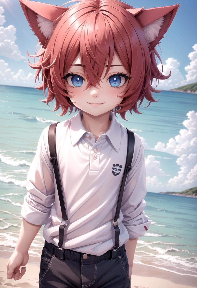 <lora:Aki SD15_epoch_17:0.6>, (1boy:1.3), beach, smile, ( crimson cat ears:1.4), (red ears), male face, male body, more details in eyes, (very short hair:1.2), hair between eyes, cute, adorable boy, cute face, detailed face, handsome, young, juvenile, white skin, eyeshadow, crew cut, crimson hair, details sky, looking at viewer, blush, blue eyes, full shot, red suspenders, (pants), (white polo shirt), aki,petite, (male focus:1.3),(masterpiece:1.2), best quality, high resolution, unity 8k wallpaper, (illustration:0.8), (beautiful detailed eyes:1.6), extremely detailed face, perfect lighting, extremely detailed CG, (perfect anatomy),