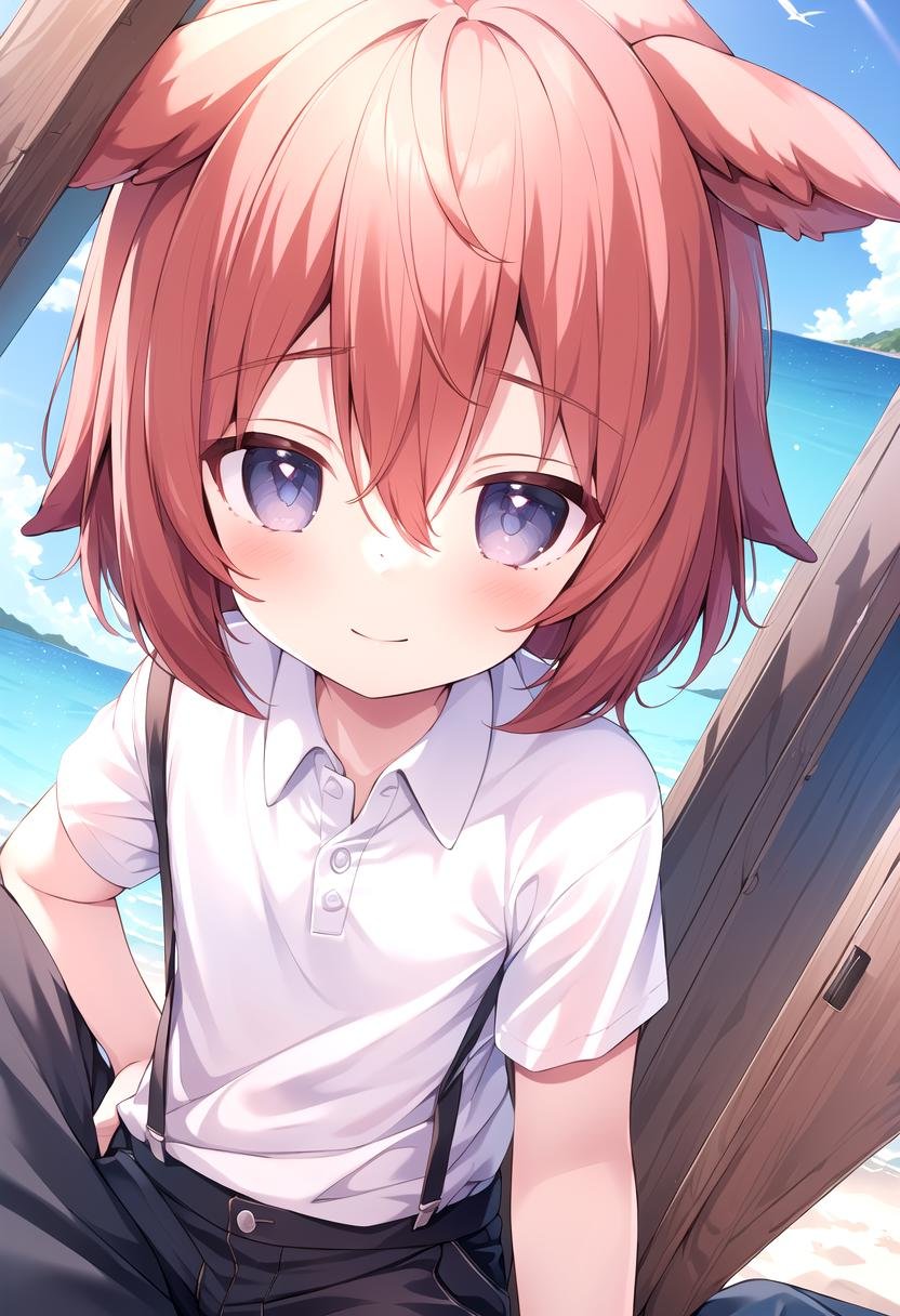 <lora:Aki SD15_epoch_17:0.6>, (1boy:1.4), (solo:1.2), beach, smile, ( crimson animal ears:1.4), male face, male body, more details in eyes, (very short hair:1.2), hair between eyes, cute, adorable boy, cute face, detailed face, handsome, young, juvenile, white skin, eyeshadow, crew cut, crimson hair, details sky, looking at viewer, blush, blue eyes, full shot, red suspenders, (pants), (white polo shirt), aki,petite, (male focus:1.3),(male:1.4), (masterpiece:1.2), best quality, high resolution, unity 8k wallpaper, (illustration:0.8), (beautiful detailed eyes:1.6), extremely detailed face, perfect lighting, extremely detailed CG, (perfect anatomy),