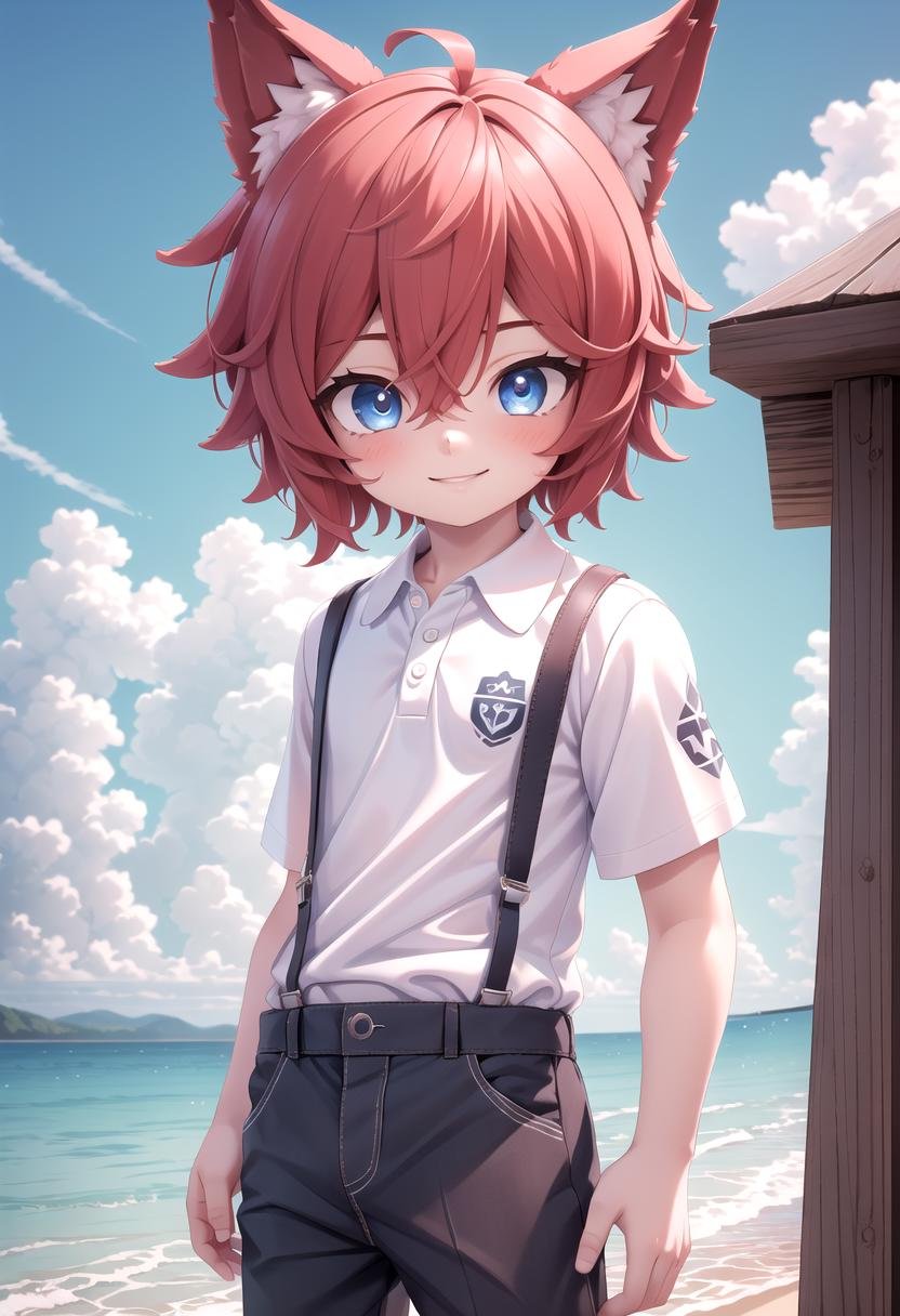 <lora:Aki SD15_epoch_17:0.6>, (1boy:1.3), solo, beach, smile, ( crimson animal ears:1.4), male face, male body, more details in eyes, (very short hair:1.2), hair between eyes, cute, adorable boy, cute face, detailed face, handsome, young, juvenile, white skin, eyeshadow, crew cut, crimson hair, details sky, looking at viewer, blush, blue eyes, full shot, red suspenders, (pants), (white polo shirt), aki,petite, (male focus:1.3),(male:1.2), (masterpiece:1.2), best quality, high resolution, unity 8k wallpaper, (illustration:0.8), (beautiful detailed eyes:1.6), extremely detailed face, perfect lighting, extremely detailed CG, (perfect anatomy),