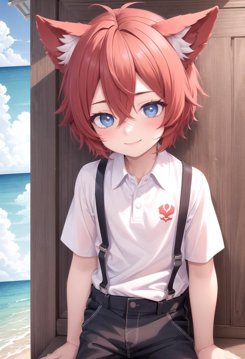 <lora:Aki SD15_epoch_17:0.6>, (1boy:1.3), solo, beach, smile, ( crimson animal ears:1.4), male face, male body, more details in eyes, (very short hair:1.2), hair between eyes, cute, adorable boy, cute face, detailed face, handsome, young, juvenile, white skin, eyeshadow, crew cut, crimson hair, details sky, looking at viewer, blush, blue eyes, full shot, red suspenders, (pants), (white polo shirt), aki,petite, (male focus:1.3),(male:1.2), (masterpiece:1.2), best quality, high resolution, unity 8k wallpaper, (illustration:0.8), (beautiful detailed eyes:1.6), extremely detailed face, perfect lighting, extremely detailed CG, (perfect anatomy),