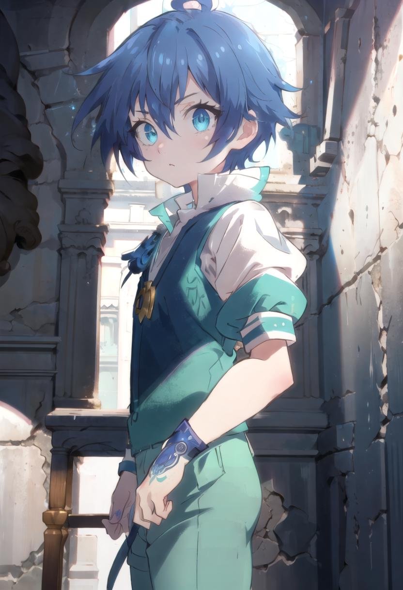 <lora:lloyd-de-saloum-sd:0.7>,(1boy:1.4),lloyd, green shorts,blue hair, masterpiece, ultra detail, blue eyes, short sleeves,  puffy sleeves,(masterpiece:1.2), best quality, high resolution, unity 8k wallpaper, (illustration:0.8), (beautiful detailed eyes:1.6), extremely detailed face, perfect lighting, extremely detailed CG, (perfect anatomy), anime style, standing male, male focus, GS-Boyish, castle