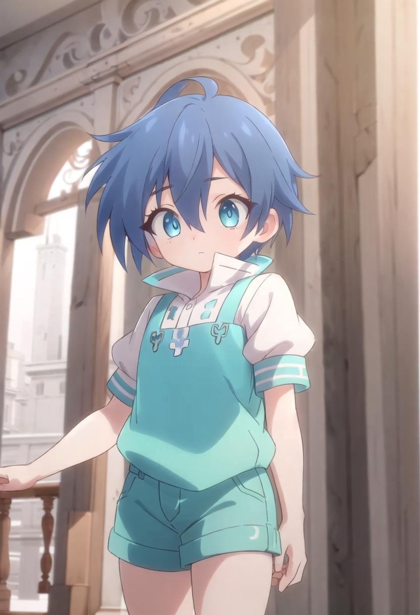 <lora:lloyd-de-saloum-sd:0.7>,(1boy:1.4),lloyd, green shorts,blue hair, masterpiece, ultra detail, blue eyes, short sleeves,  puffy sleeves,(masterpiece:1.2), best quality, high resolution, unity 8k wallpaper, (illustration:0.8), (beautiful detailed eyes:1.6), extremely detailed face, perfect lighting, extremely detailed CG, (perfect anatomy), anime style, standing male, male focus, GS-Boyish, castle