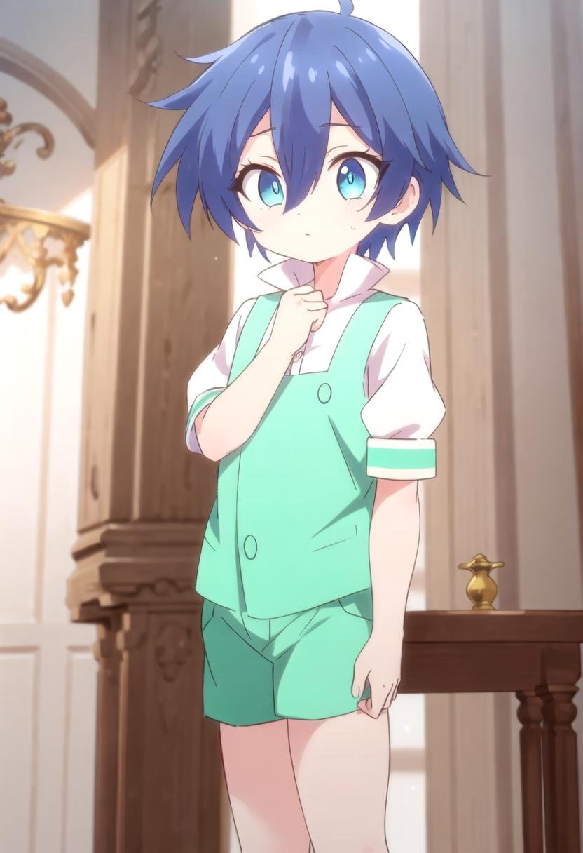 <lora:lloyd-de-saloum-sd:0.7>,(1boy:1.4),lloyd, green shorts,blue hair, masterpiece, ultra detail, blue eyes, short sleeves,  puffy sleeves,(masterpiece:1.2), best quality, high resolution, unity 8k wallpaper, (illustration:0.8), (beautiful detailed eyes:1.6), extremely detailed face, perfect lighting, extremely detailed CG, (perfect anatomy), anime style, standing male, male focus, GS-Boyish