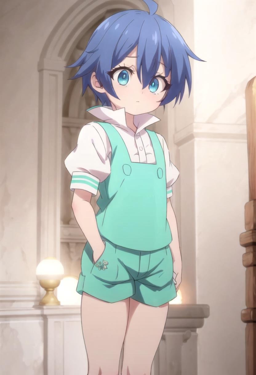 <lora:lloyd-de-saloum-sd:0.7>,(1boy:1.4),lloyd, green shorts,blue hair, masterpiece, ultra detail, blue eyes, short sleeves,  puffy sleeves,(masterpiece:1.2), best quality, high resolution, unity 8k wallpaper, (illustration:0.8), (beautiful detailed eyes:1.6), extremely detailed face, perfect lighting, extremely detailed CG, (perfect anatomy), anime style, standing male, male focus, GS-Boyish