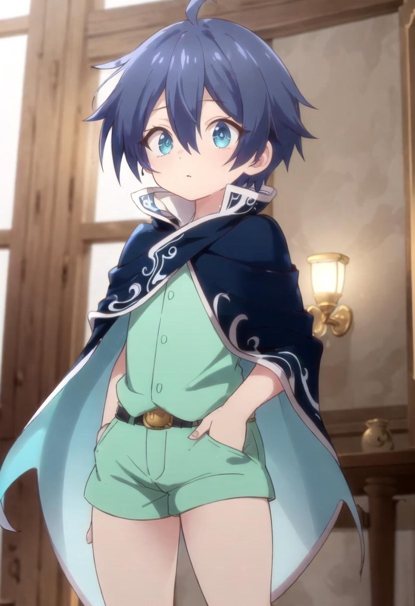 <lora:lloyd-de-saloum-sd:0.7>,(1boy:1.4),lloyd, green shorts,blue hair, masterpiece, ultra detail, blue eyes, (dark blue cape), (masterpiece:1.2), best quality, high resolution, unity 8k wallpaper, (illustration:0.8), (beautiful detailed eyes:1.6), extremely detailed face, perfect lighting, extremely detailed CG, (perfect anatomy), anime style, standing male, male focus, GS-Boyish