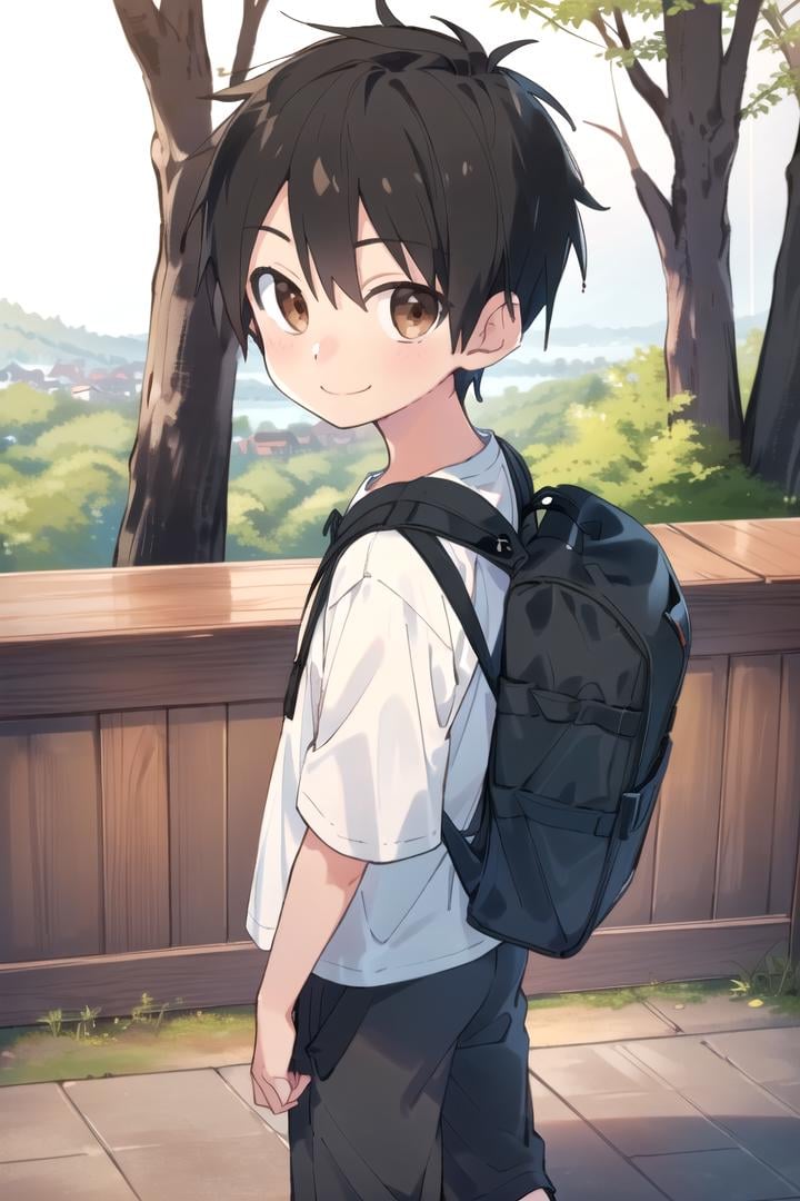 <lora:cutifiedanimecharacterdesign_variant_type_D_SD_v10:0.7>type-d, solo, looking at viewer, smile, short hair, shirt, black hair, 1boy, brown eyes, male focus, male child, wooden village, forest, full shot, sneakers, (straight on;1,2), front facing viewer, outside, bagpack