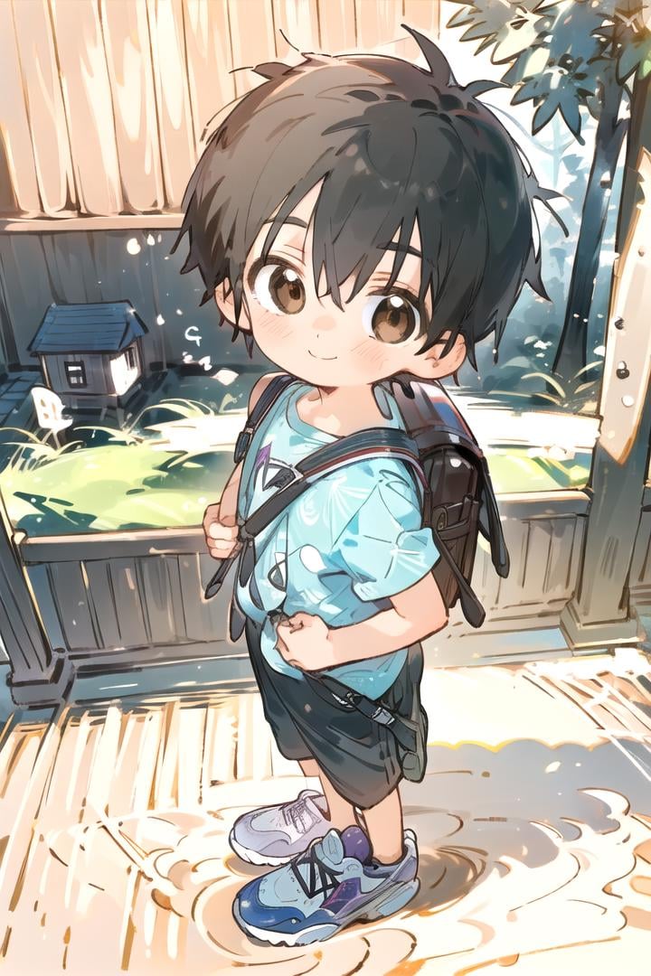 <lora:cutifiedanimecharacterdesign_variant_type_D_SD_v10:0.7>type-d, solo, looking at viewer, smile, short hair, shirt, black hair, 1boy, brown eyes, male focus, male child, wooden village, forest, full shot, sneakers, (straight on;1,2), front facing viewer, outside, bagpack