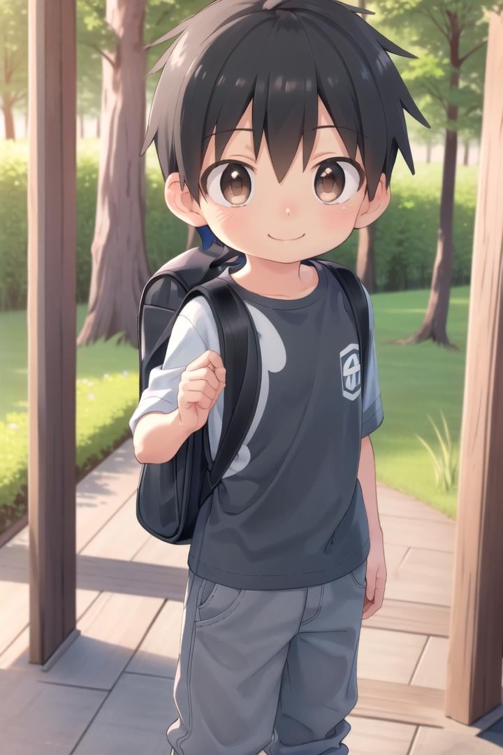 <lora:cutifiedanimecharacterdesign_variant_type_D_SD_v10:0.7>type-d, solo, looking at viewer, smile, short hair, shirt, black hair, 1boy, brown eyes, male focus, male child, wooden village, forest, full shot, sneakers, (straight on;1,2), front facing viewer, outside, bagpack